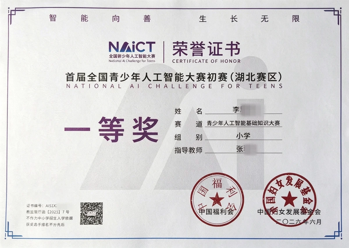 全国青少年人工智能大赛湖北赛区省赛一等奖证书